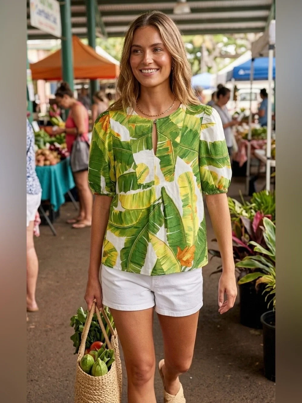 Cynthia Rowley foliage botanical Banana Leaf Print Puff Sleeve Blouse Top Sz XS